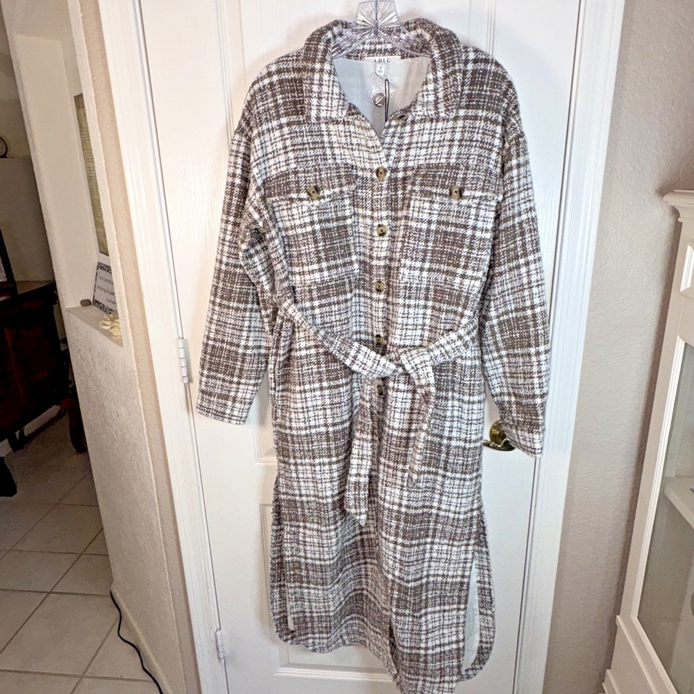 LBLC The Label Small  Haley Long Belted Coat NWT Ivory‎ Brown Check Design, Slit